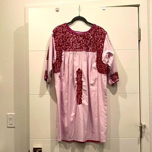 RARE S Mi Golondrina 3/4 length sleeve shirt dress—pink & white stripe, Burgundy